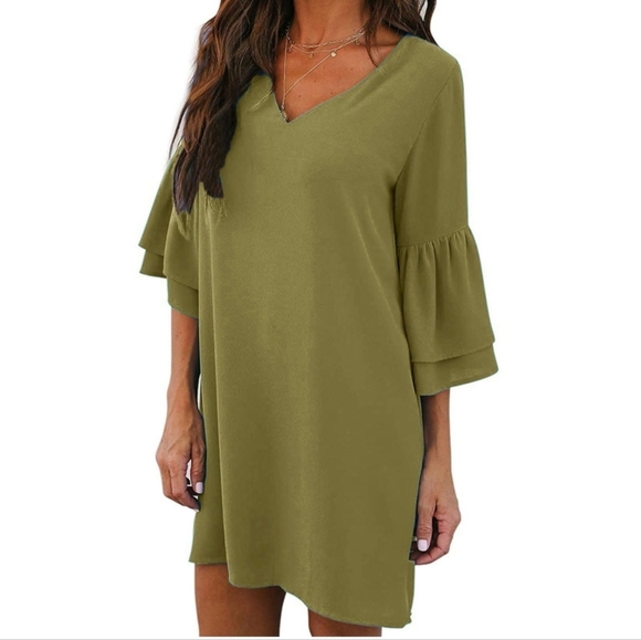 Midi Green Dress Sx XL NWT V Neck Tiered Bell Sleeve Fall Flirty Cocktail Dress - Picture 2 of 10